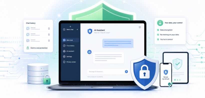 ChatGPT privacy and AI data protection concept with laptop, lock, and shield icons.