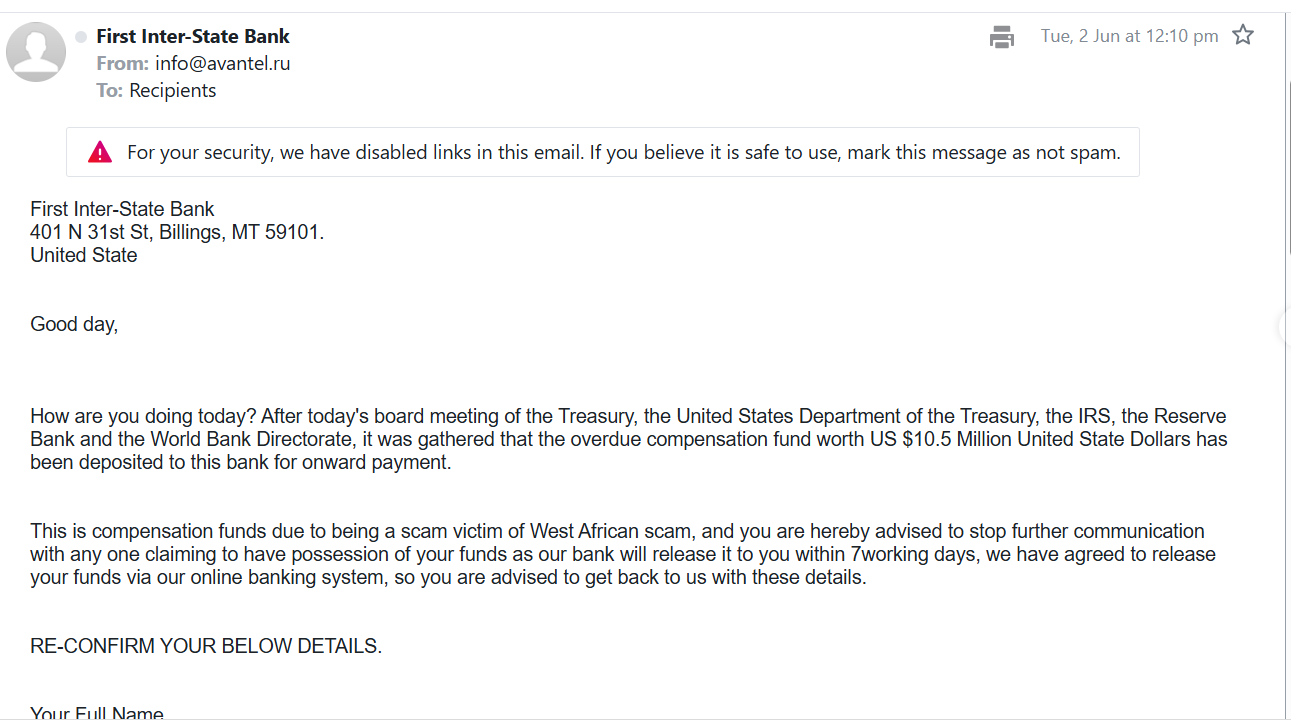 Screenshot of the email with the sender email id