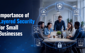 Layered security for small businesses showing multiple cybersecurity layers protecting employees, business devices, networks, and customer data.