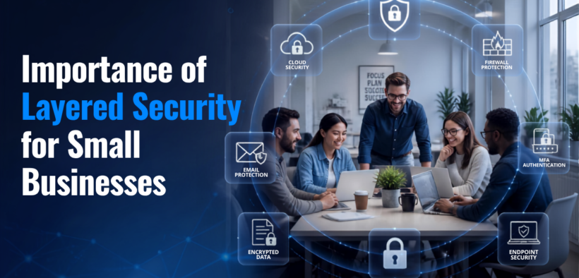 Layered security for small businesses showing multiple cybersecurity layers protecting employees, business devices, networks, and customer data.