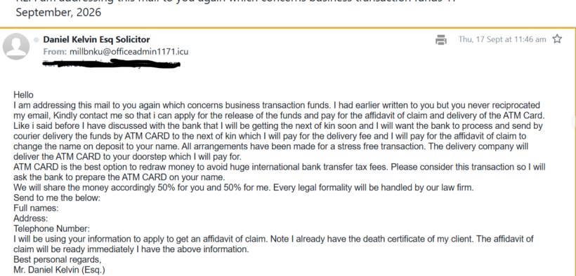 inheritance scam email